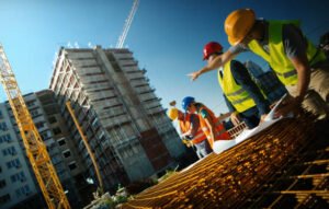 Construction workers operating machinery on a commercial construction site surrounded by equipment and building materials