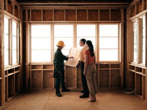 Three people stand in an unfinished room with natural light streaming through a large window; one is a builder explaining the new home construction timeline and layout.