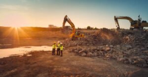 Two men in hard hats stand before a construction site featuring an excavator, representing commercial construction contractors.