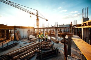 Construction workers in hard hats and safety vests working on a commercial construction site.