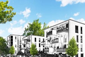Artist's rendering of a modern residential building, showcasing innovative design concepts for future living.